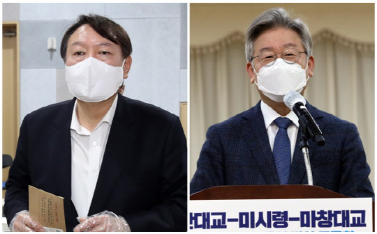 윤석열 전 검찰총장(왼쪽)과 이재명 경기도지사. 연합뉴스